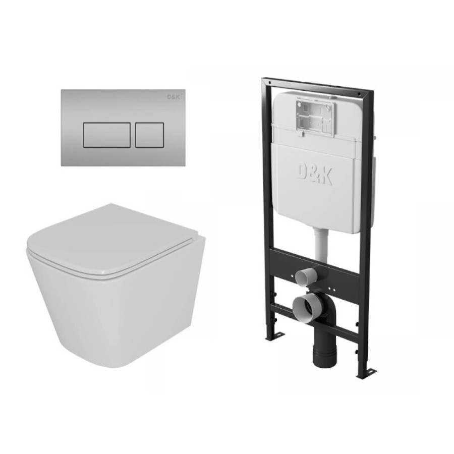 Комплект D&K Berlin DS1431624, инсталляция DI8055119 с безободковым унитазом DT1436516 белый, смыв торнадо, сиденье микролифт, клавиша смыва хром матовый DB1439002