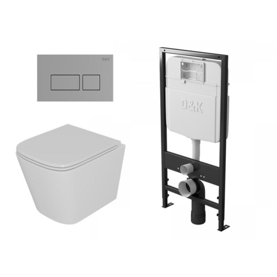 Комплект D&K Berlin DS1431625, инсталляция DI8055119 с безободковым унитазом DT1436516 белый, смыв торнадо, сиденье микролифт, клавиша смыва хром DB1439001