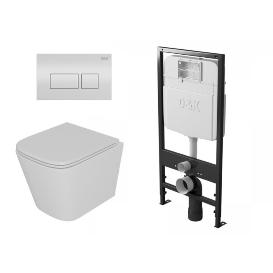 Комплект D&K Berlin DS1431626, инсталляция DI8055119 с безободковым унитазом DT1436516 белый, смыв торнадо, сиденье микролифт, клавиша смыва белая DB1439016