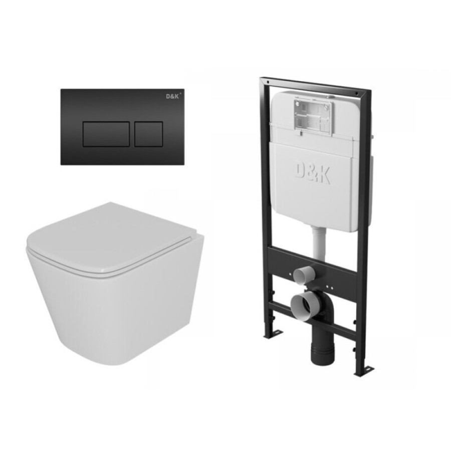 Комплект D&K Berlin DS1431627, инсталляция DI8055119 с безободковым унитазом DT1436516 белый, смыв торнадо, сиденье микролифт, клавиша смыва черная DB1439025