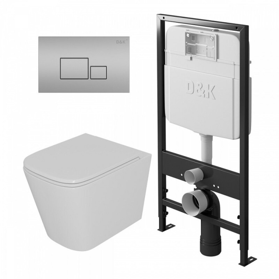 Инсталляция D&K с безободковым унитазом Quadro DS1511606, сиденье микролифт, клавиша хром, цвет белый