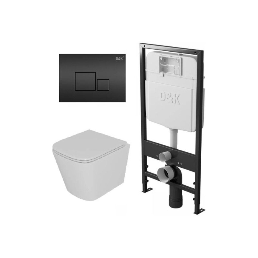 Комплект D&K Quadro DS1511607, инсталляция DI8055119 с безободковым унитазом DT1516016 белый, сиденье микролифт, клавиша смыва черная DB1519025