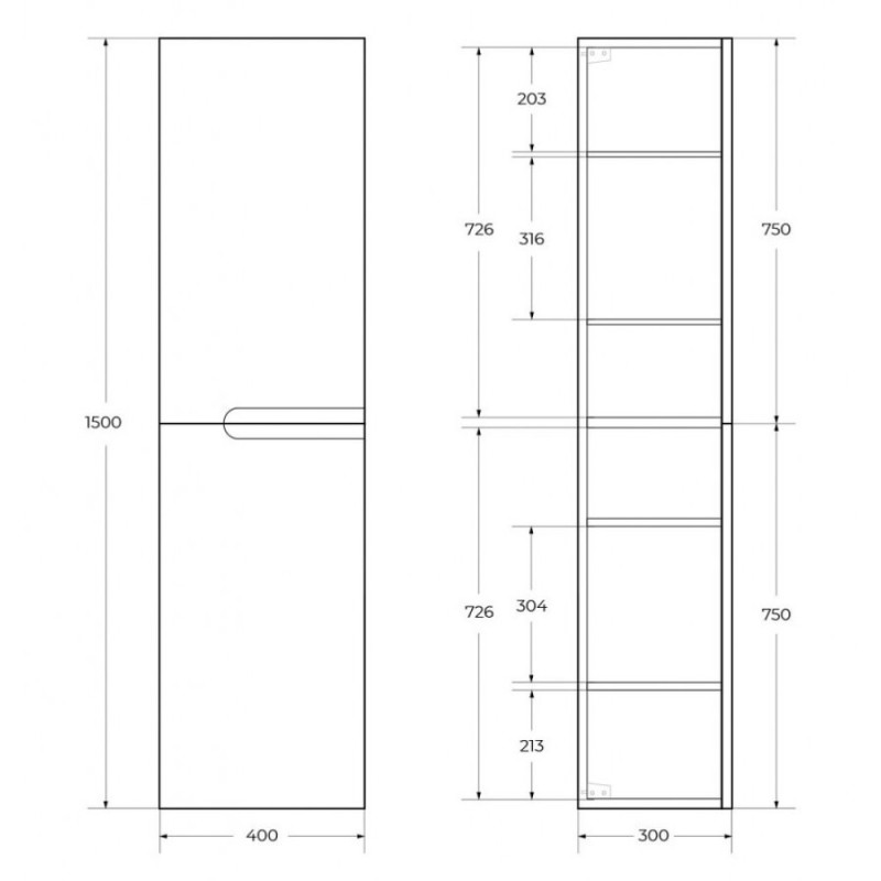 Пенал Cezares Duet-1500-2A-SC-BO, 40 см, подвесной, белый матовый