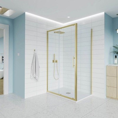 Душевой уголок Veconi Evo 100SP G, E1-SP-G-14080-01-C9, 140 x 80 см, стекло прозрачное, профиль золото брашинг