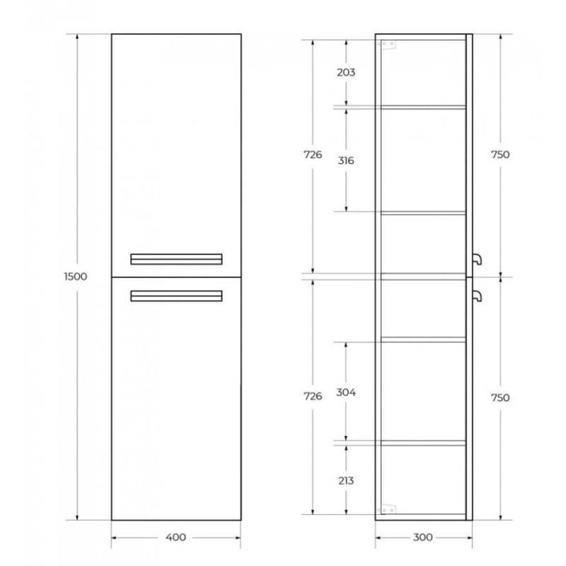 Пенал Cezares Eco-1500-2A-SC-SPF-P, 40 см, подвесной, sapfiro