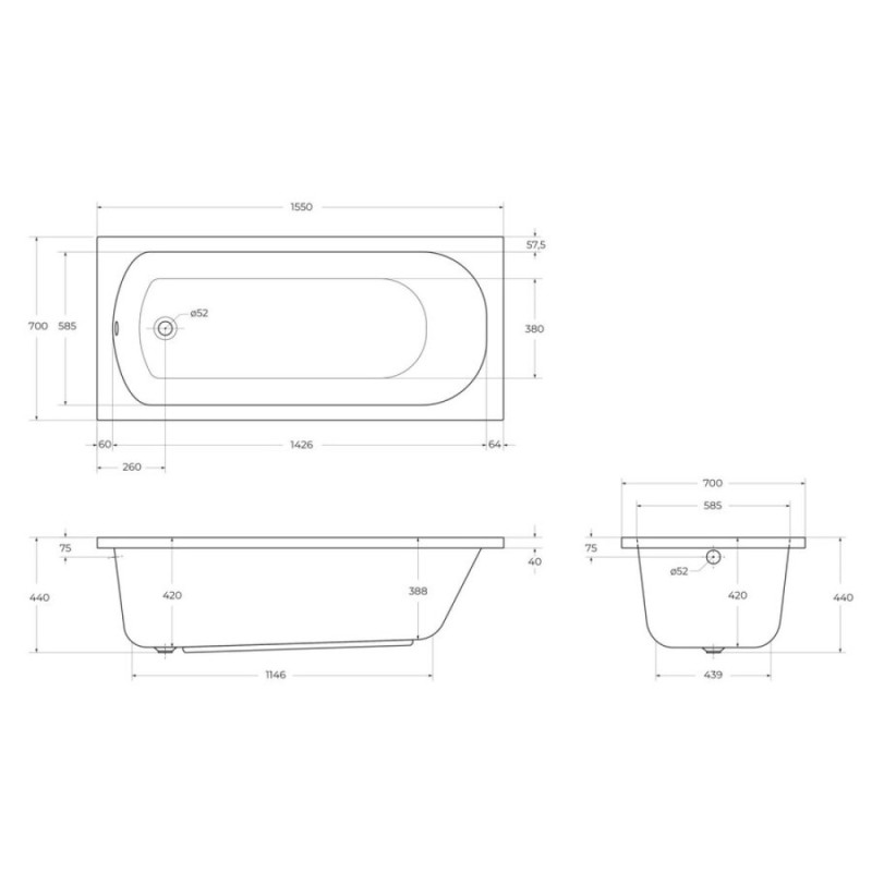 Ванна акриловая Cezares Eco-155-70-41-W37, 155 x 70 см, белый