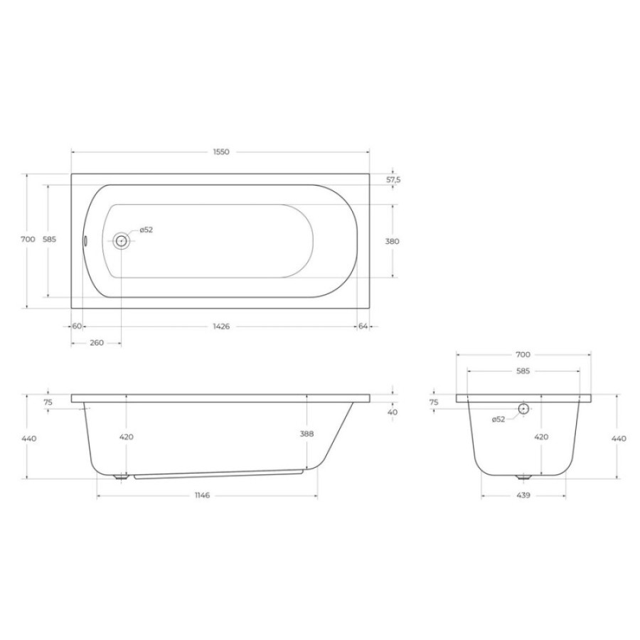 Ванна акриловая Cezares Eco-155-70-41-W37, 155 x 70 см, белый