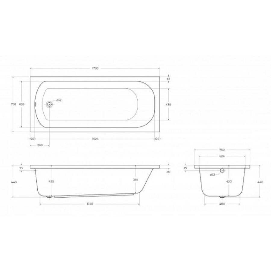 Ванна акриловая Cezares Eco-175-75-41-W37, 175 x 75 см, белый