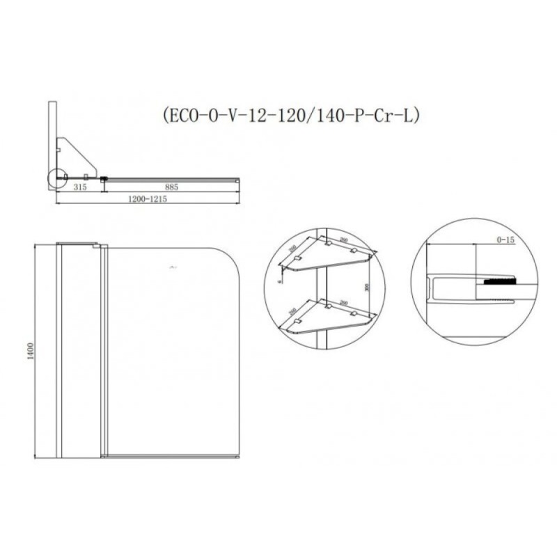 Шторка на ванну Cezares Eco-O-V-12-120/140-P-Cr, 120 x 140 см стекло текстурное Punto, хром