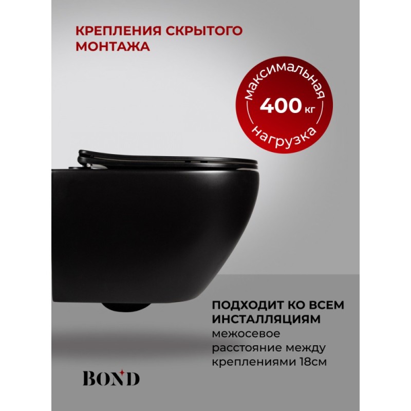 BOND F01-108 Унитаз подвесной безободковый черный с сиденьем с микролифтом