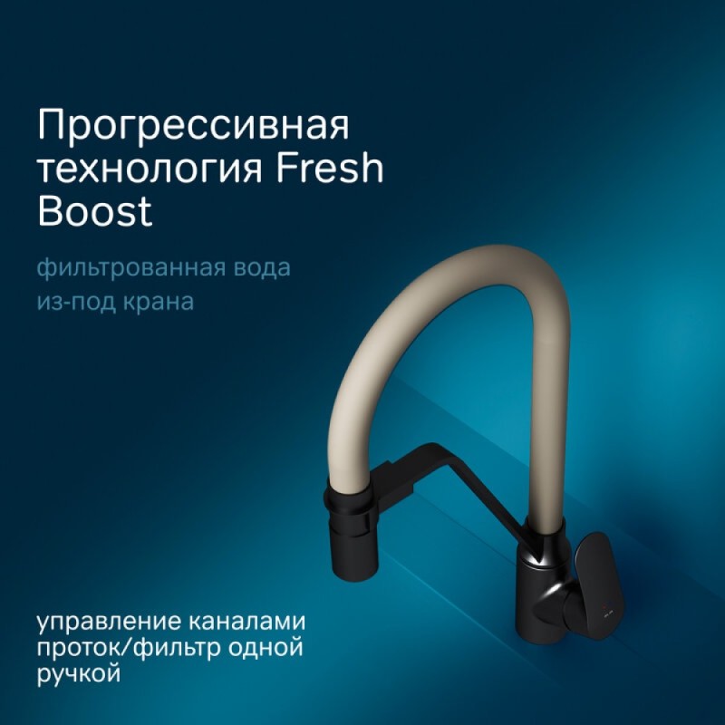 Смеситель Am.Pm Like F8007826 для кухни с каналом для питьевой воды и гибким изливом, черный, излив бежевый
