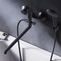 Смеситель Am.Pm X-Joy S F85B90122 для ванны и душа, с длинным изливом, с душевым комплектом, черный матовый