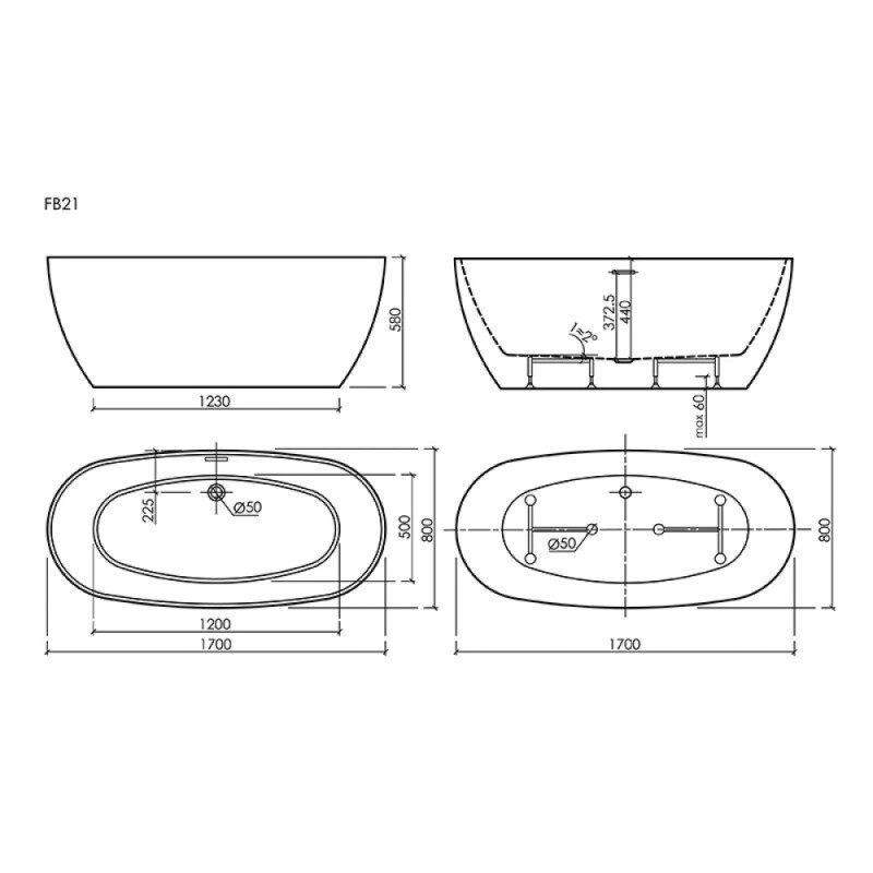 Aкриловая ванна Sancos Oval FB21 отдельностоящая, 170 х 80 см, белый