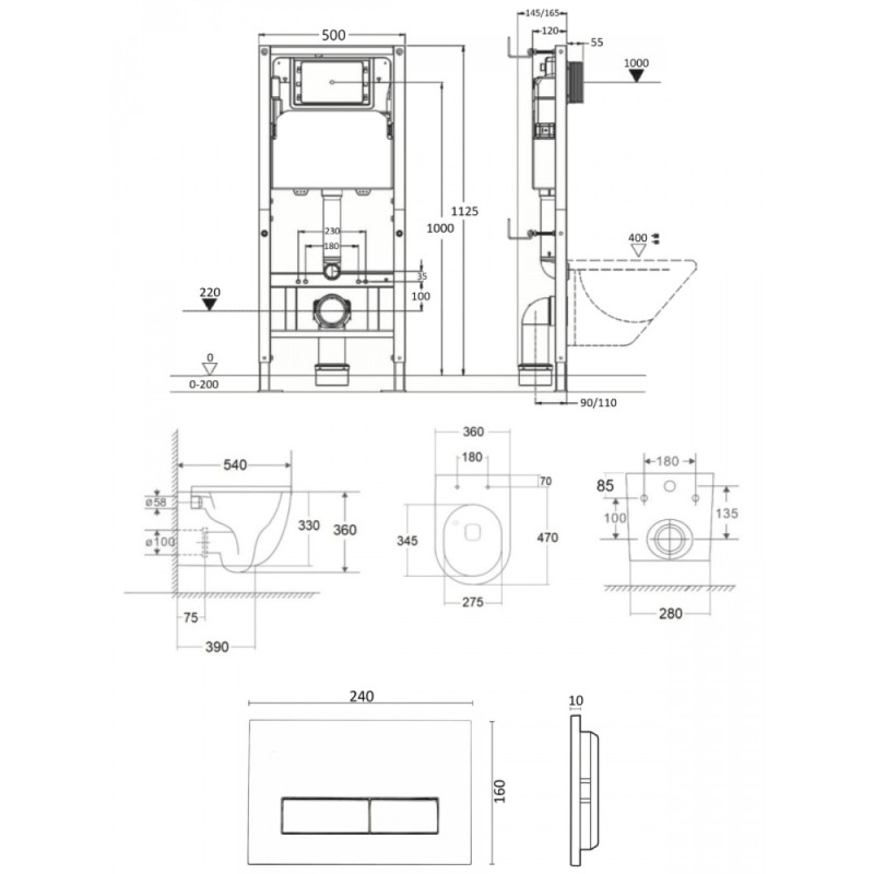 BOND FI12-10+APB244 Унитаз подвесной безободковый Торнадо с инсталляцией, микролифт, кнопка черная