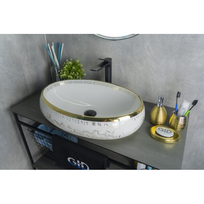 Раковина Gid Nc472 52222 накладная белая / золото 60x41x15