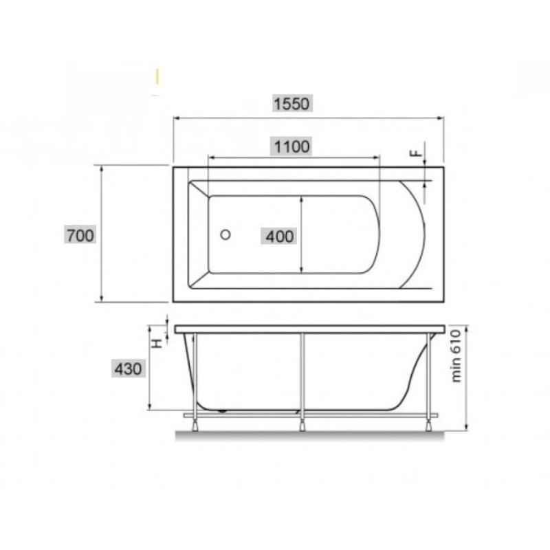 Ванна акриловая Vayer Milana 155 х 70 см, прямоугольная, белая