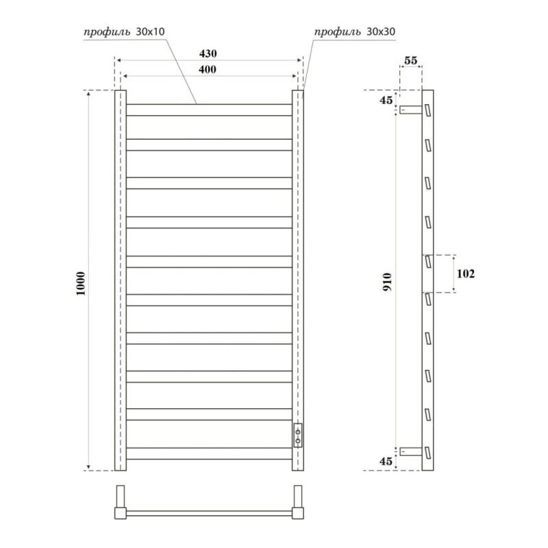 Полотенцесушитель электрический Apextermo Galaxy GL00104WM, ширина 40 см, высота 100 см, диммер справа, цвет белый матовый