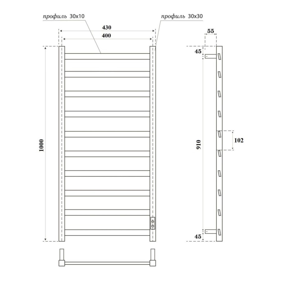 Полотенцесушитель электрический Apextermo Galaxy GL00104WM, ширина 40 см, высота 100 см, диммер справа, цвет белый матовый