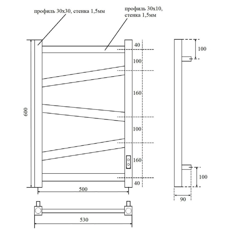 Полотенцесушитель электрический Apextermo Genesis GN00165WM, ширина 50 см, высота 60 см, диммер справа, цвет белый матовый