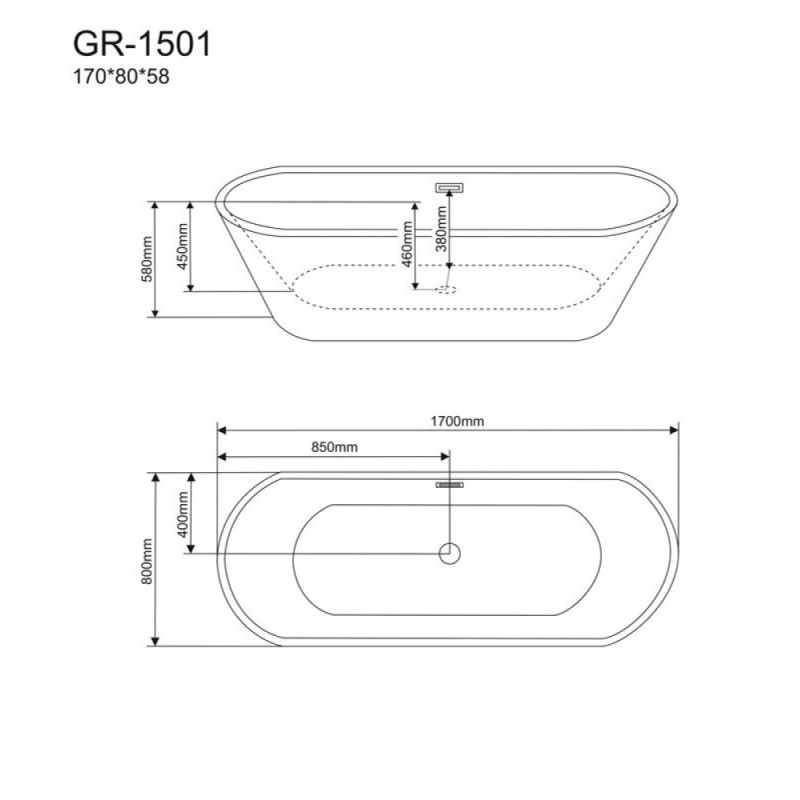 Ванна акриловая Grossman 170 x 80 см, отдельностоящая, белая, GR-1501