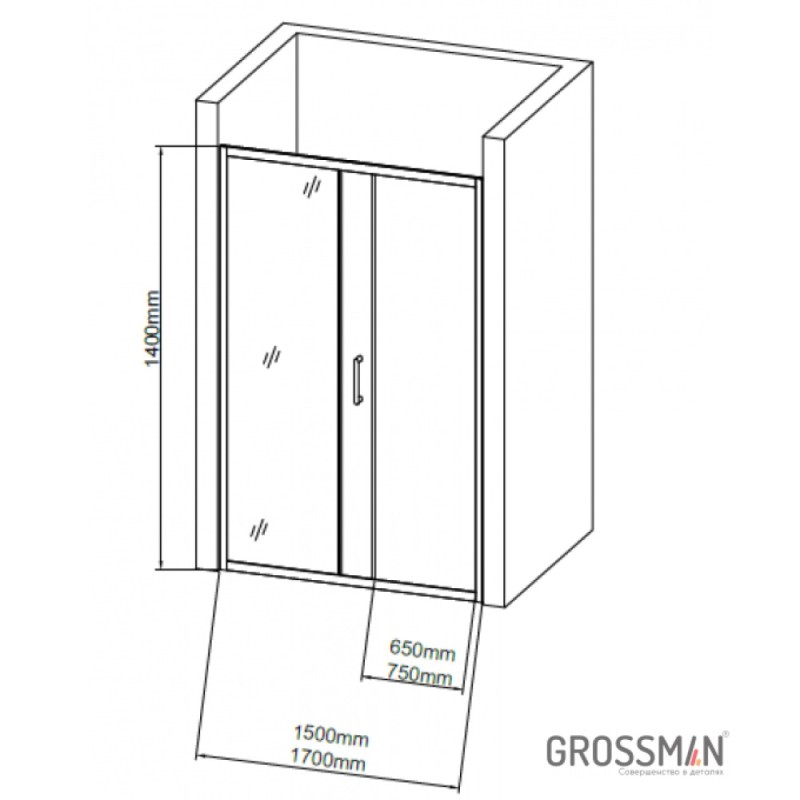 Шторка на ванну Grossman 170 x 140 см раздвижная, стекло прозрачное, хром, GR-170/2