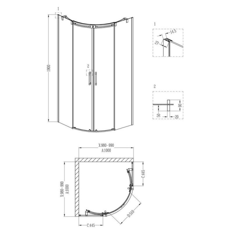 Душевой уголок Grossman Galaxy 100 х 100 см четверть круга, дверь раздвижная, стекло прозрачное, хром, GR-4100