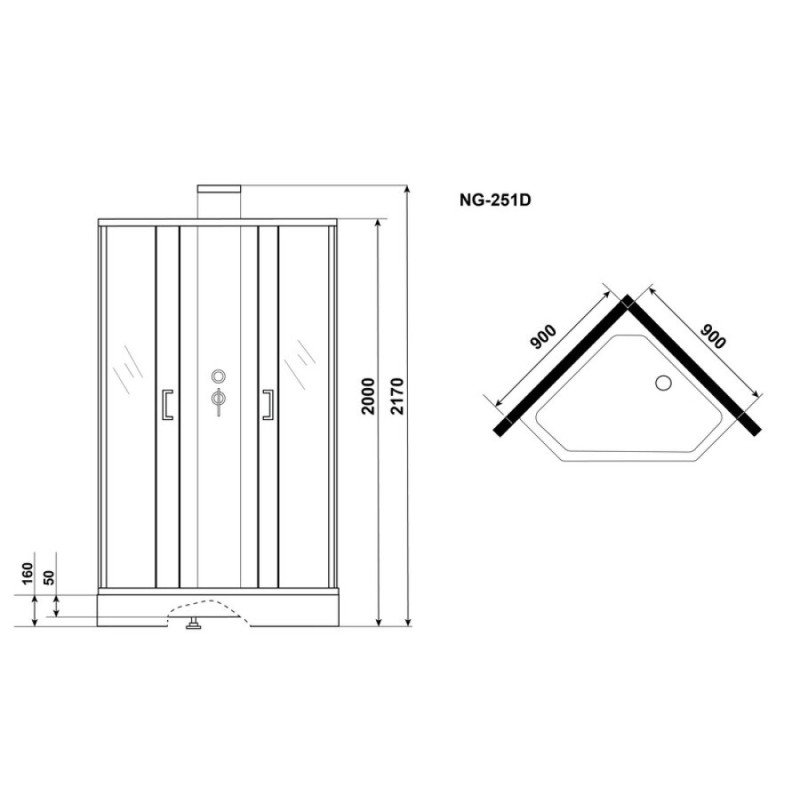 Душевая кабина Grossman Elegans 90 x 90 см, пятиугольная, профиль черный, GR251D