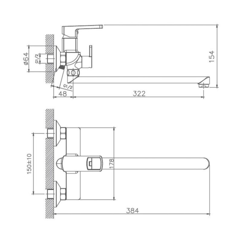 Смеситель для ванны и душа Haiba HB22176 с длинным изливом, хром