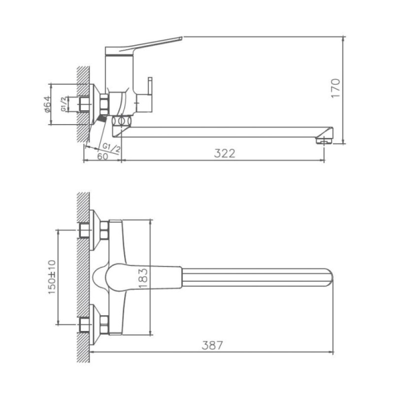 Смеситель для ванны и душа Haiba HB22572 с длинным изливом, хром