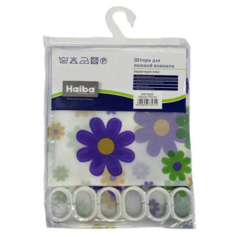 Штора для ванной Haiba 180 х 180 см, белая, принт цветы, HB75060