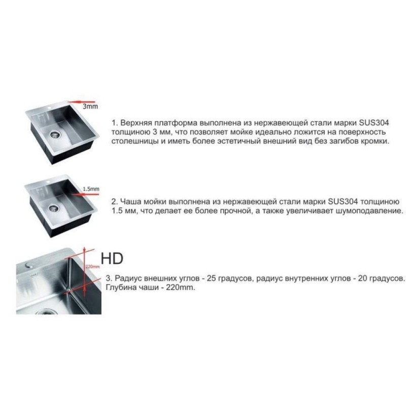 Мойка Zorg HD 4444 Inox, 44 х 44 см, брашированная матовая нержавеющая сталь