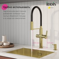 Смеситель для кухонной мойки Iddis Ikon IKNMGFFi05, PVD-покрытие, излив гибкий, с подключением к фильтру, золото матовое
