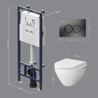 Инсталляция Am.Pm MasterFit, IS100138.701700, унитаз безободковый Spirit V2.0, крышка-сиденье микролифт, клавиша черная матовая