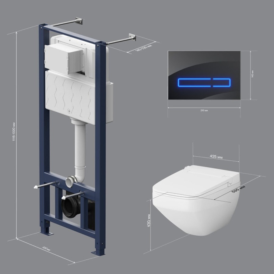Инсталляция Am.Pm Inspire 2.0, IS450A38.CCC50A с безободковым унитазом Inspire V2.0 FlashClean с электронным биде, клавиша Touch Pro стекло, черное