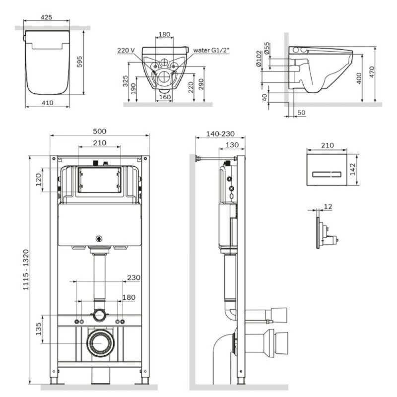 Инсталляция Am.Pm Inspire 2.0, IS450A38.CCC50A с безободковым унитазом Inspire V2.0 FlashClean с электронным биде, клавиша Touch Pro стекло, черное