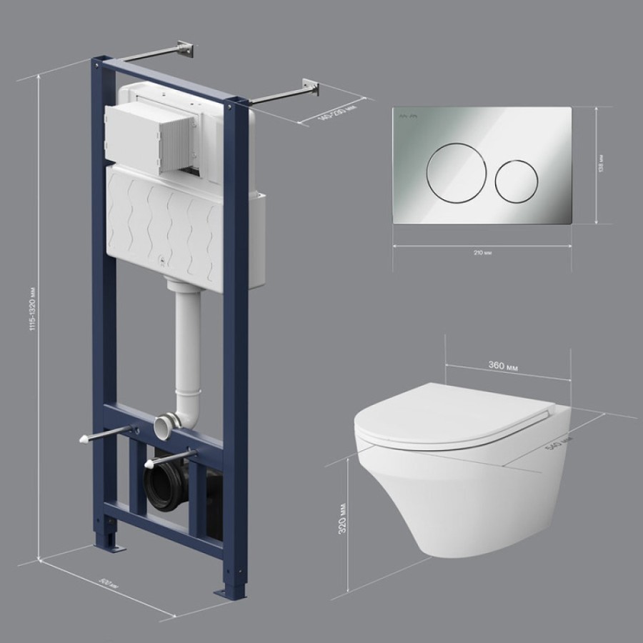 Инсталляция Am.Pm Inspire, IS49051.501700 с безободковым унитазом Inspire FlashClean, клавиша Pro L глянцевый хром, крышка микролифт