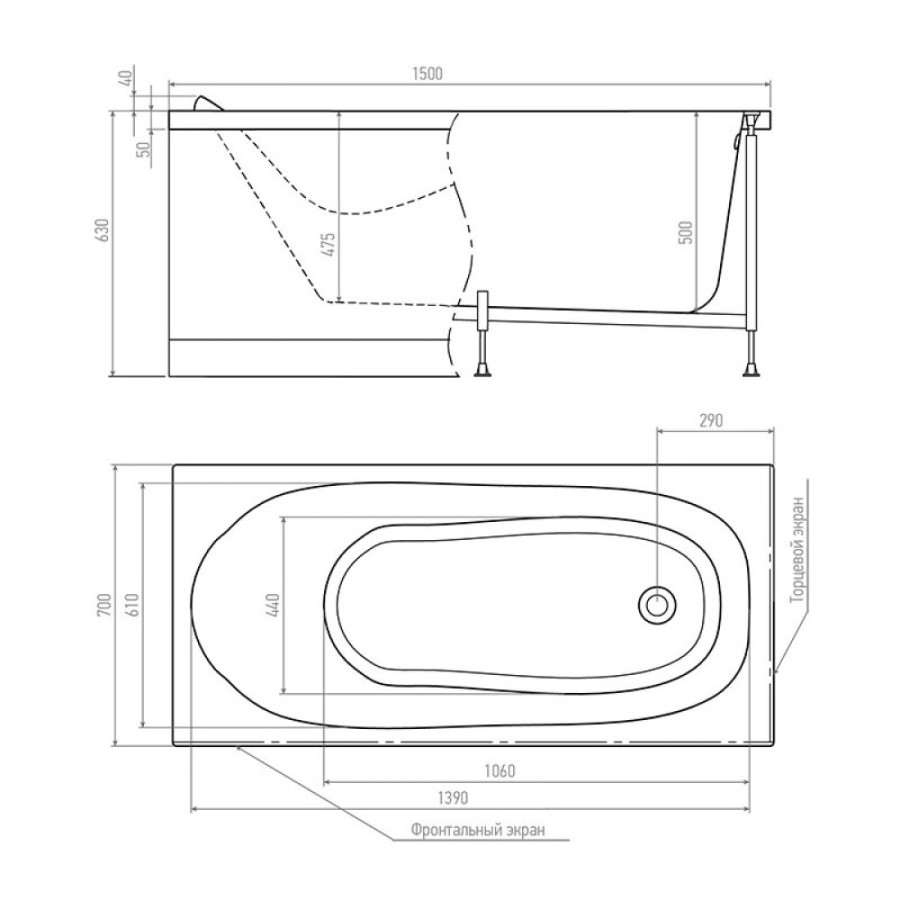 Акриловая ванна Timo KILO1570-KT15-SPV1505-T-CM, 150 х 70 см, с гидромассажем, цвет белый