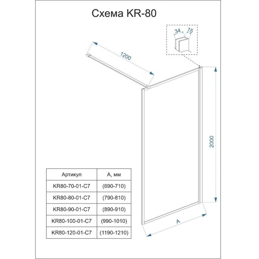 Душевая перегородка Veconi Korato KR80-120-01-C8, 120 см, со свободным входом, Easy Clean, стекло прозрачное, принт клетка, профиль черный матовый
