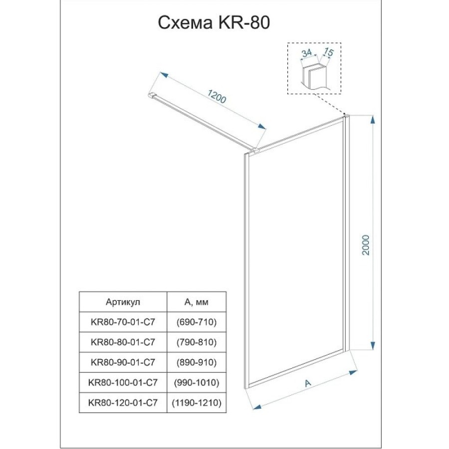 Душевая перегородка Veconi Korato KR80-70-01-C8, 70 см, со свободным входом, Easy Clean, стекло прозрачное, принт клетка, профиль черный матовый