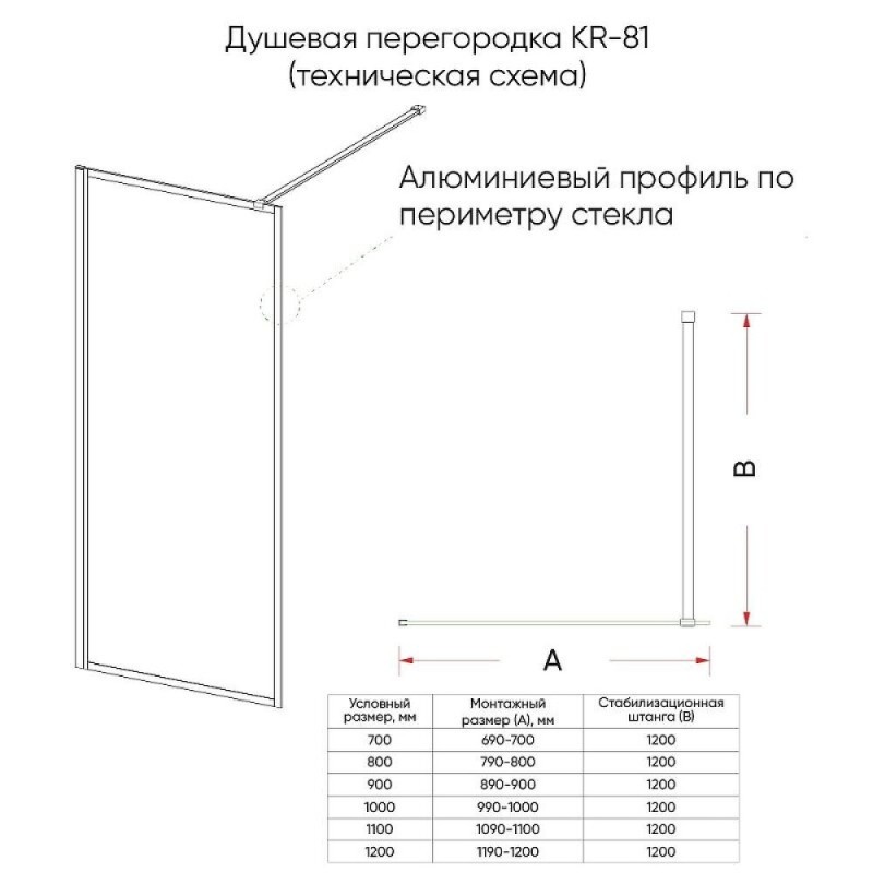 Душевая перегородка Veconi Korato KR81BC-100-09-C8, 100 см, со свободным входом, Easy Clean, стекло хамелеон, профиль черный матовый