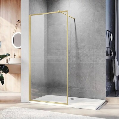 Душевая перегородка Veconi Korato KR81G-90-01-C8, 90 см, свободный вход, Easy Clean, стекло прозрачное, профиль золото брашированное