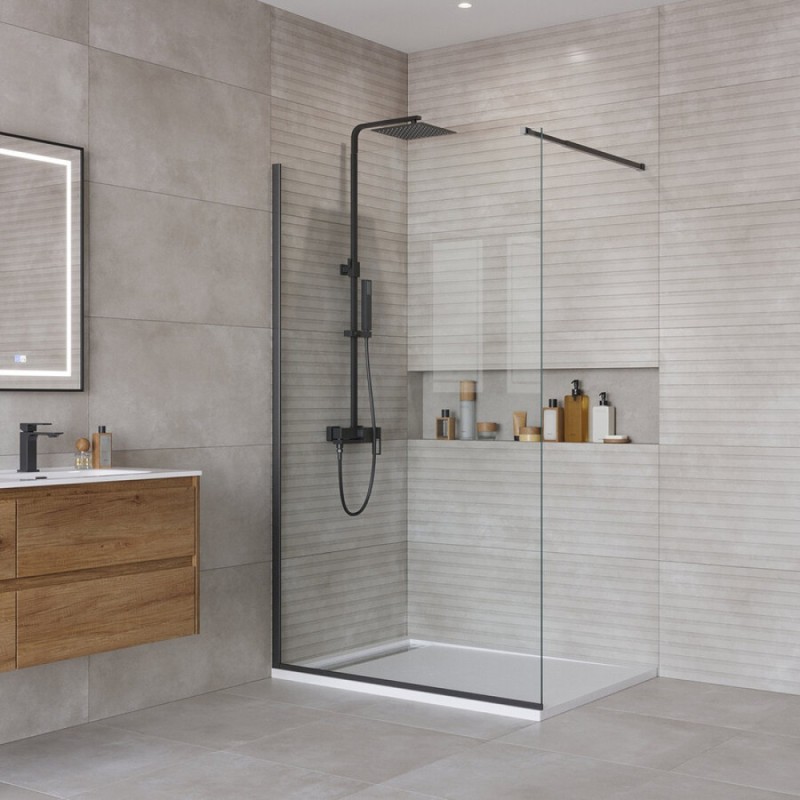 Душевая перегородка BelBagno Kraft-L-1-120-C-Nero, 120 см, свободный вход, стекло прозрачное, профиль черный матовый