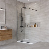 Душевая перегородка BelBagno Kraft-L-1-90-C-Nero, 90 см, свободный вход, стекло прозрачное, профиль черный матовый