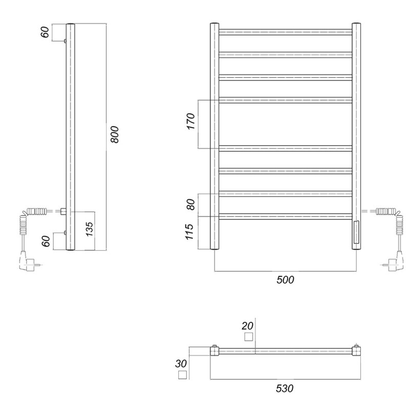 Полотенцесушитель электрический Domoterm Квадро П8 500x800 EK R, ширина 50 см, высота 80 см, подключение справа, хром