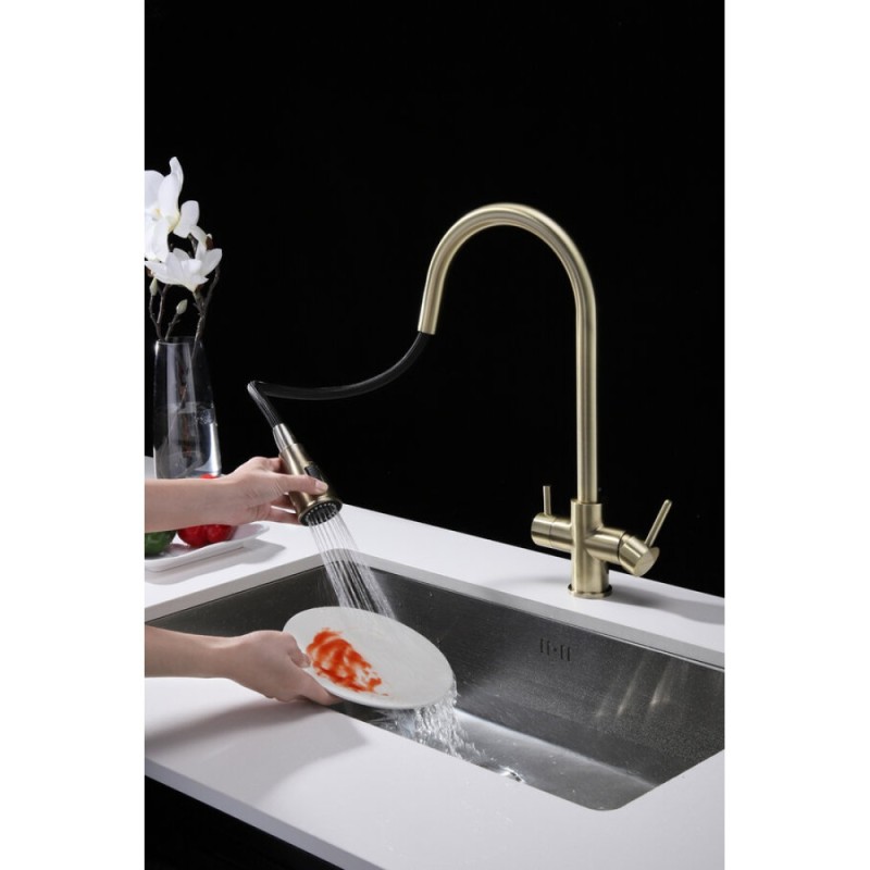 Смеситель для кухонной мойки Paulmark Lange, La214212-BR, под фильтр, с выдвижным изливом, бронза