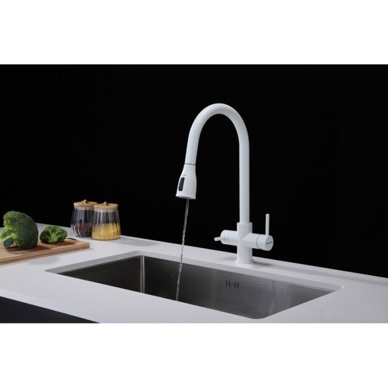Смеситель Paulmark Lange La214212-WH для кухонной мойки, под фильтр, с выдвижным изливом, белый матовый