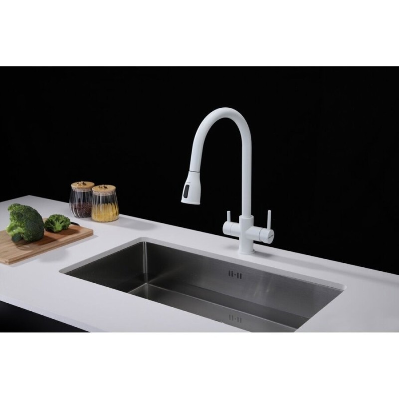 Смеситель Paulmark Lange La214212-WH для кухонной мойки, под фильтр, с выдвижным изливом, белый матовый