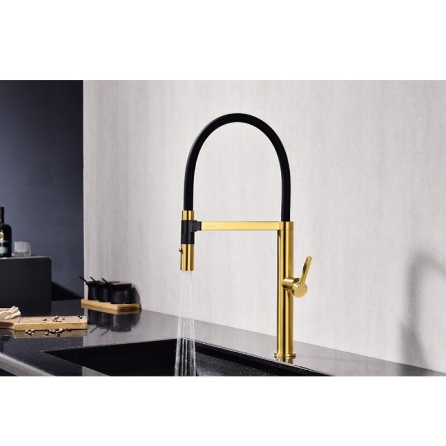 Смеситель Paulmark Leader Le214101-BG для кухонной мойки, с гибким изливом, цвет брашированное золото
