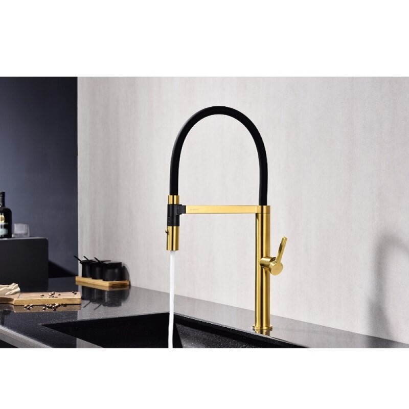 Смеситель Paulmark Leader Le214101-BG для кухонной мойки, с гибким изливом, цвет брашированное золото