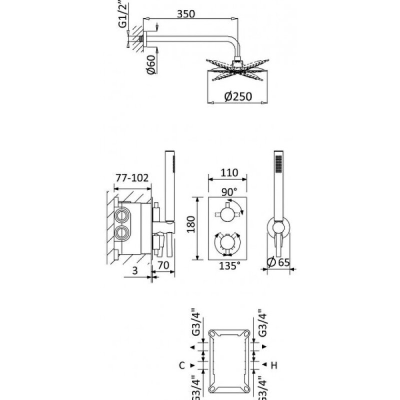 Душевая система Cezares LEAF-DSIP-T-25-SS, термостатическая, бронза